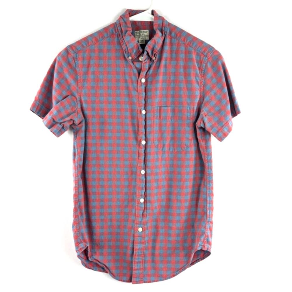 J.Crew XS Short Sleeve Button Down Shirt Mens Red Blue Check Stretch Cotton